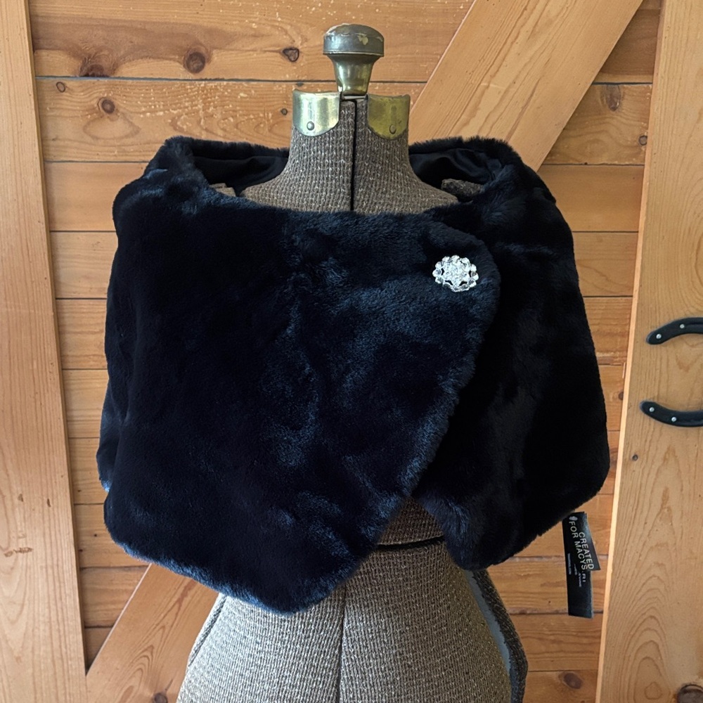 Tahari Black Faux Fur Cape with Brooch